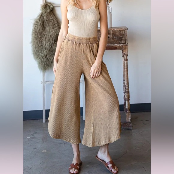New Oli & Hali Mineral Washed Wide Leg Crop Pants Mocha Size Large - Picture 2 of 8